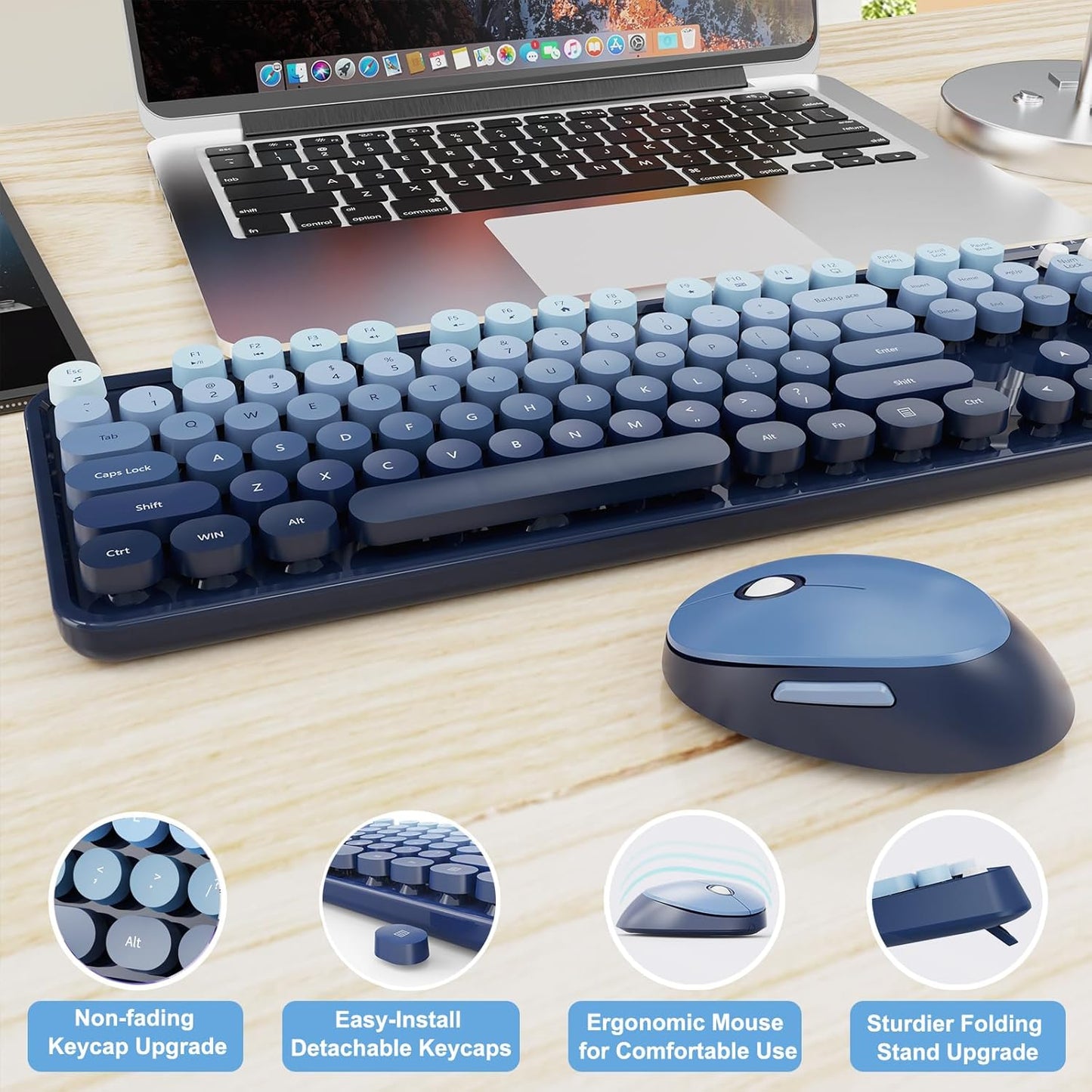 Wireless Keyboard and Mouse Combo, Ergonomic Full Size Typewriter Retro Round Keycaps Keyboard, Compatible with Windows, PC, Perfer for Home and Office Keyboards (Twilight Blue