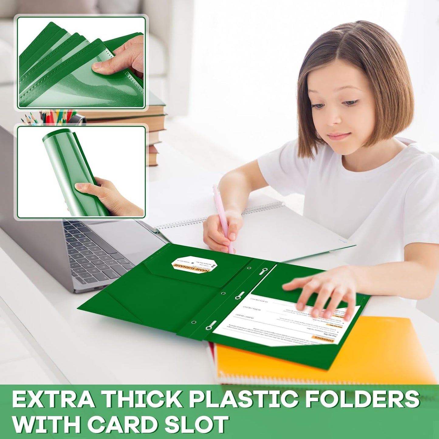 Henoyso 36 Pcs Plastic Folder with Clear Front Pocket and 3 Prong Plastic Folders with Card Slot Pocket Folders with Prongs for School Office (Dark Green)