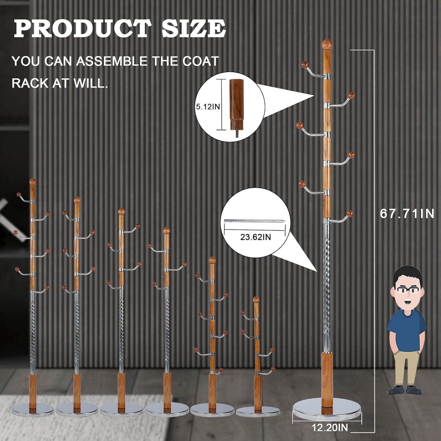 Coat Racks FreeStanding with 14 Hooks, Natural Wood Coat Rack with Solid Round Base, Adjustable Height Coat Racks, Easy Assembly for Hallway, Bedroom and Office (Solid Wood Metal Hook)