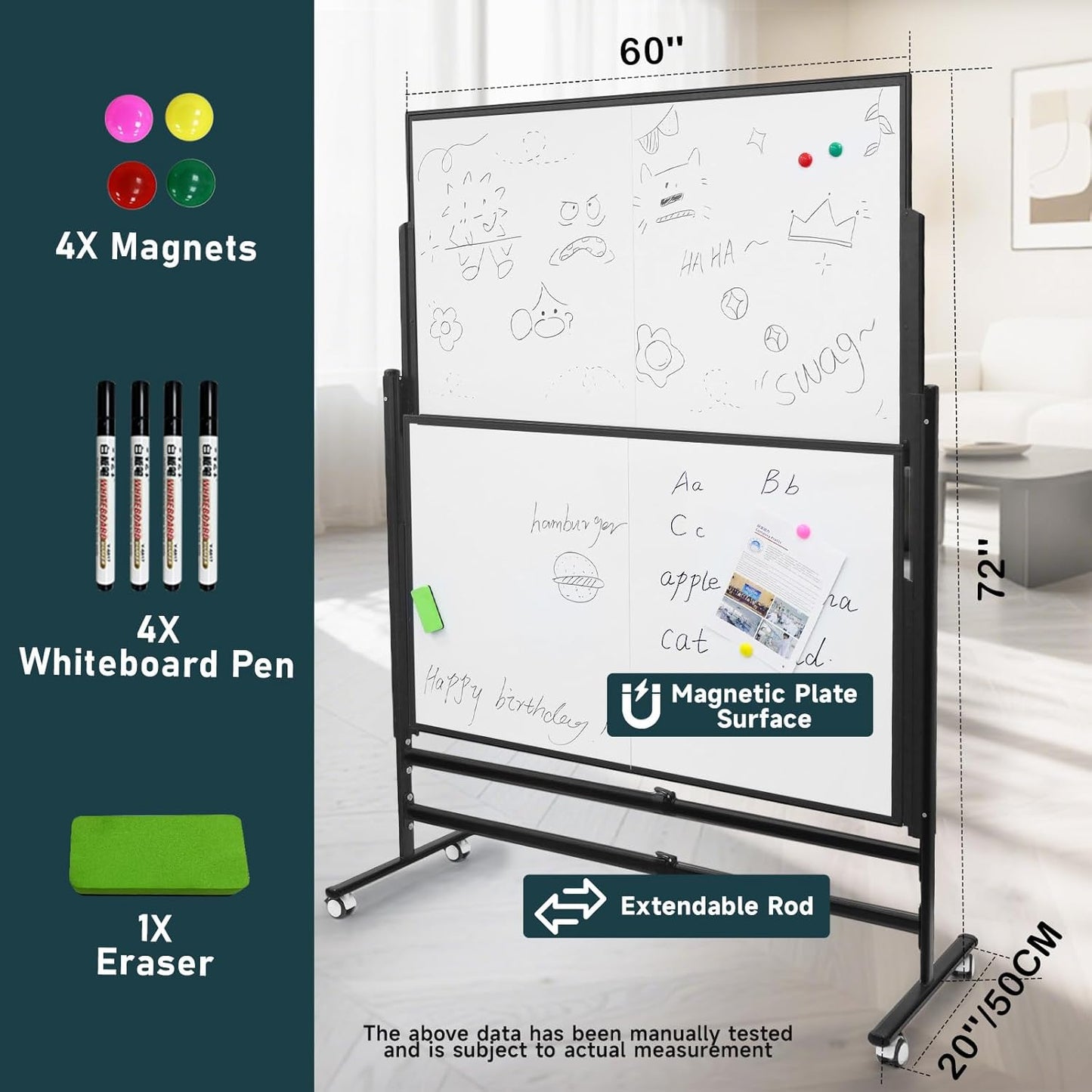 72x60 Inch Large Rolling Dry Erase Whiteboard | Height Adjustable Standing Easel with Wheels | Magnetic Double-Sided Board for Office, Home & Classroom | Teaching Supplies