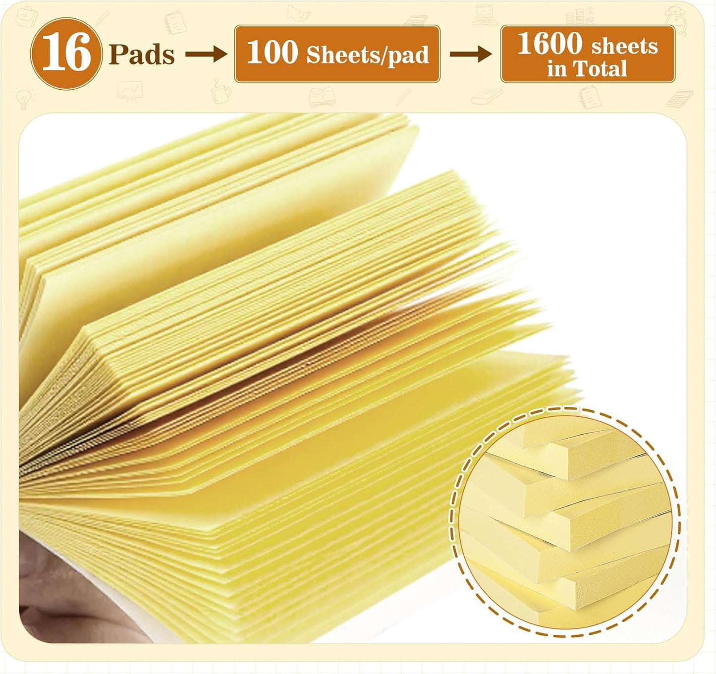 (16 Pack) Large Sticky Notes 3x5 in Yellow, 1600 Pcs Self-Stick Pads, Clean Removal, 100 Sheets/Pad Super Adhesive Sticky Pads Recyclable for Notebook, Meeting, Office, Shool, Home