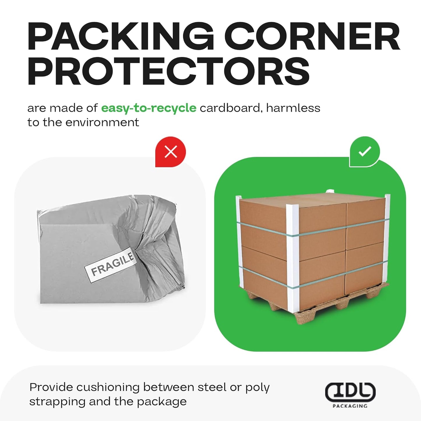 IDL Packaging 2” x 2” x 48” Cardboard Edge Protector (Pack of 200) - Corner Protectors for Shipping, Storage, & Moving – Reinforced Corner Guard Protection for Pallets, Wall Corners, & Furniture