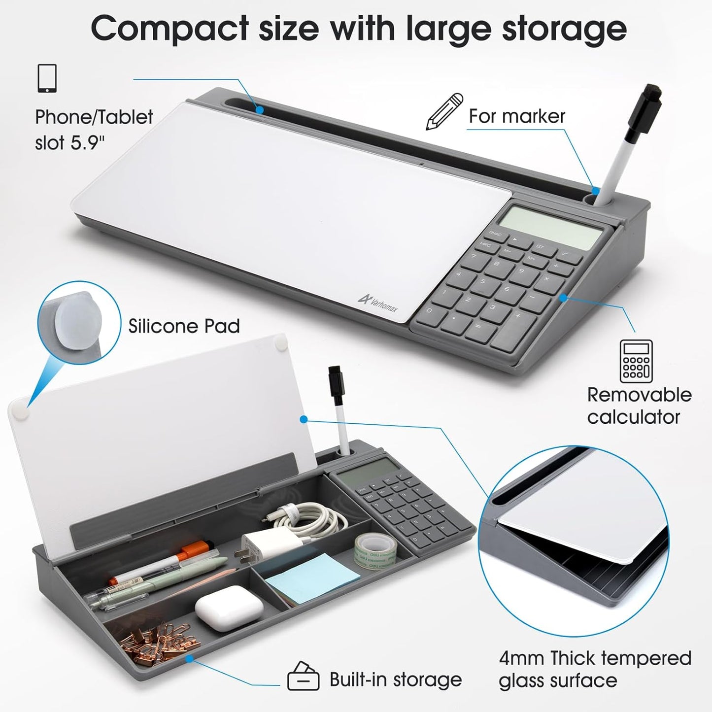 Varhomax Glass Desk Whiteboard with Calculator, Desktop Dry Erase White Board with Storage, to Do List Memo Notepad for Home and Office