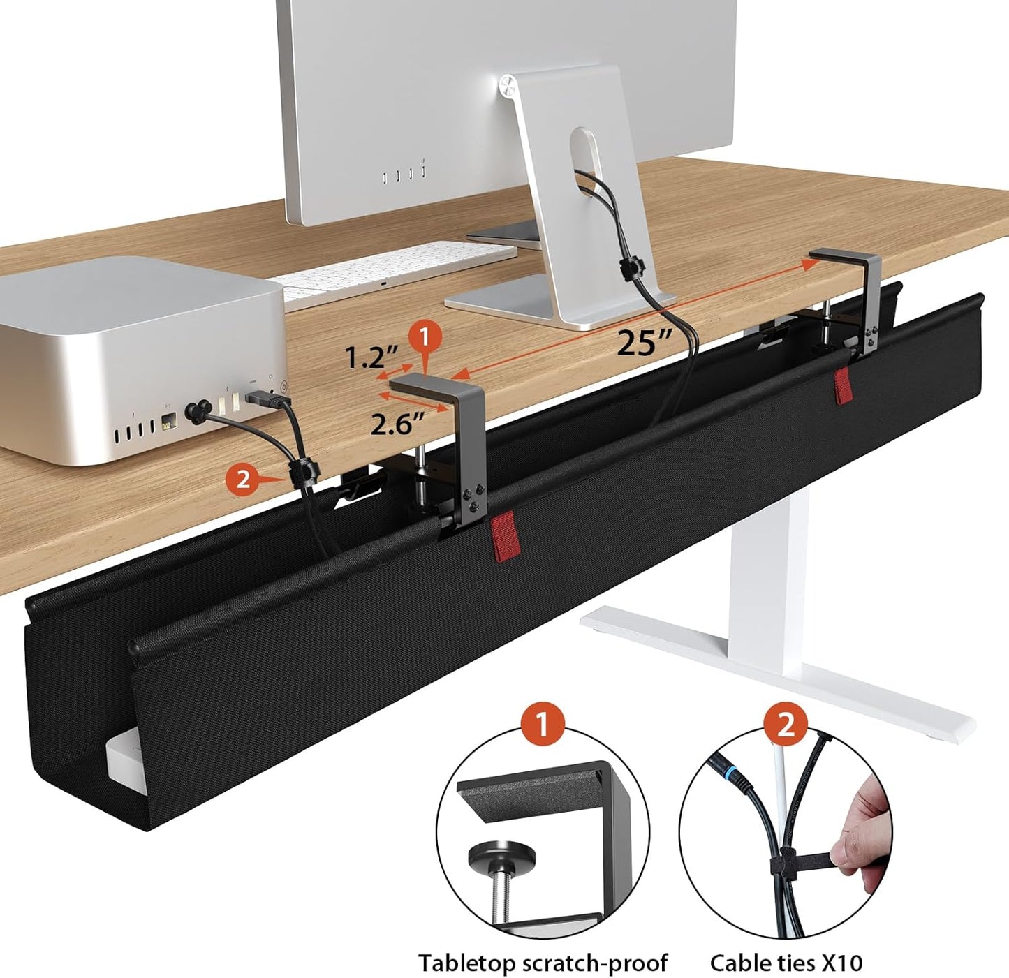 Univivi No Drill Under Desk Cable Management Tray, 48" Cord Organizer for Table, Clamp/Screw Mount Desk Cable Management, Premium Fabric Cable Management Tray for Office, Home (Extra Large)