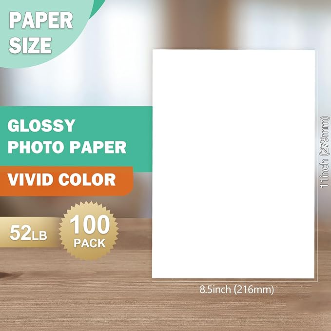 8.5x11 Glossy Photo Paper - Photo Quality Paper for Inkjet Printer, US Letter Size, 100 Sheets, 200GSM (P8511YB200GP)