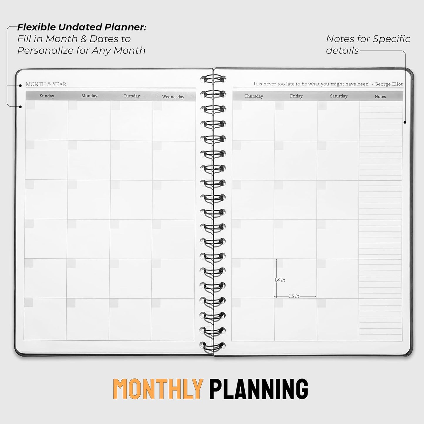 Undated Monthly Planner 2025-2026 - 18 Month Calendar Planner Book for School, Office and Home - Hardcover Blank Planners for Goals, Tasks and Dates - B5 Beige