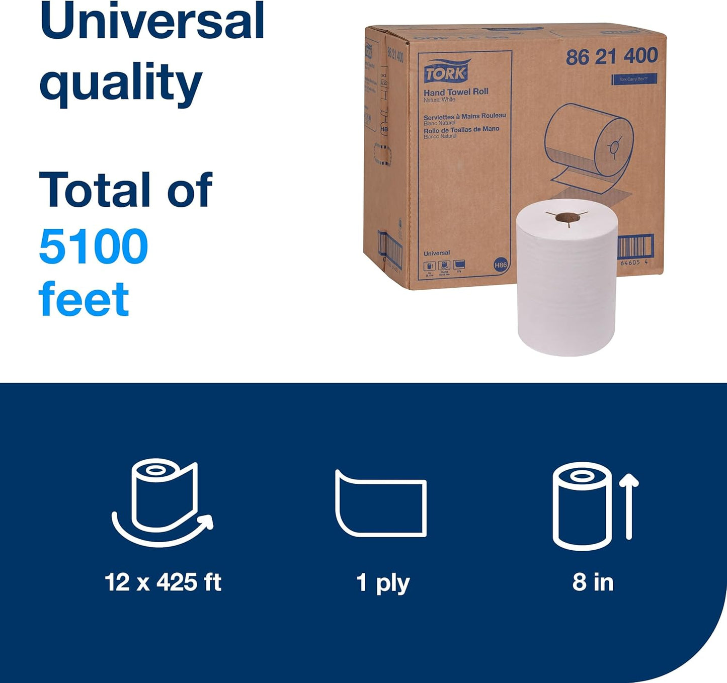Tork Hand Towel Roll, Natural White, Universal, H86, for Mini Dispensers, 100% Recycled, 1-Ply, 12 Rolls x 425 ft, 8621400
