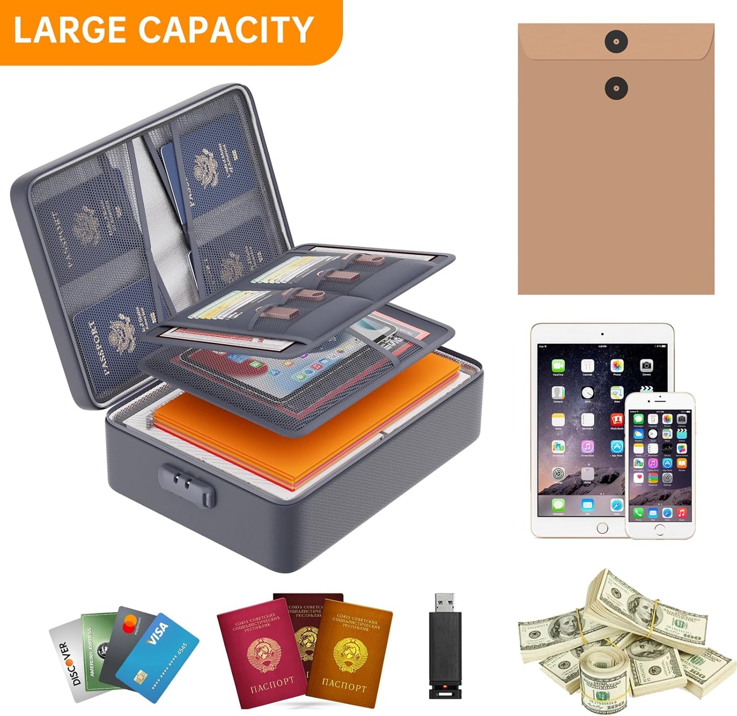 DocSafe 5200°F Document Organizer with Lock,Upgraded Heat Insulated Fireproof&Waterproof Box 8 Layers File Organizer,Portable Home Travel Safe Storage for Important Documents, Files,Gray (Soft)