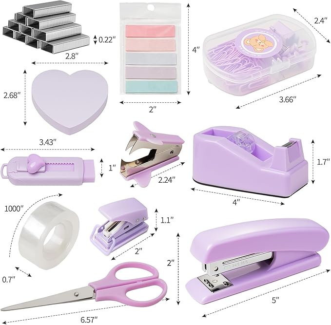 11pcs Desk Supplies Office Accessories for Women Clerks, Desk Accessories Colleagues, Purple Office Supplies with Stapler, Tape Holder, Scissors, Ruler, Staple Remover, Clips Set for School & Home