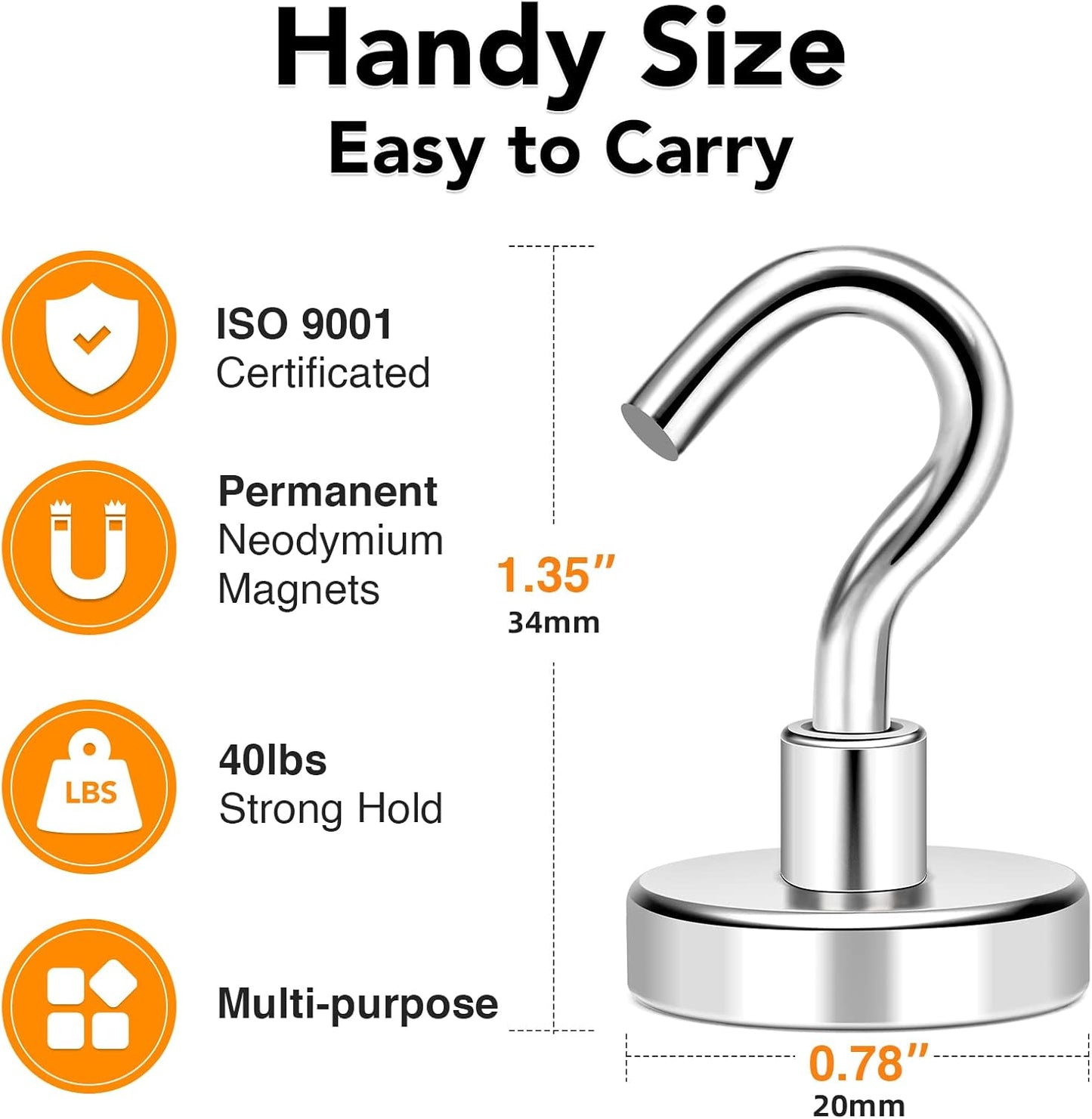 MIKEDE 8 Pack Heavy Duty Earth Magnets with Hook, 40LB+ Strong Magnetic Hooks for Hanging, Cruise Ship, Kitchen, Industrial, 100% Steel, Neodymium Magnet