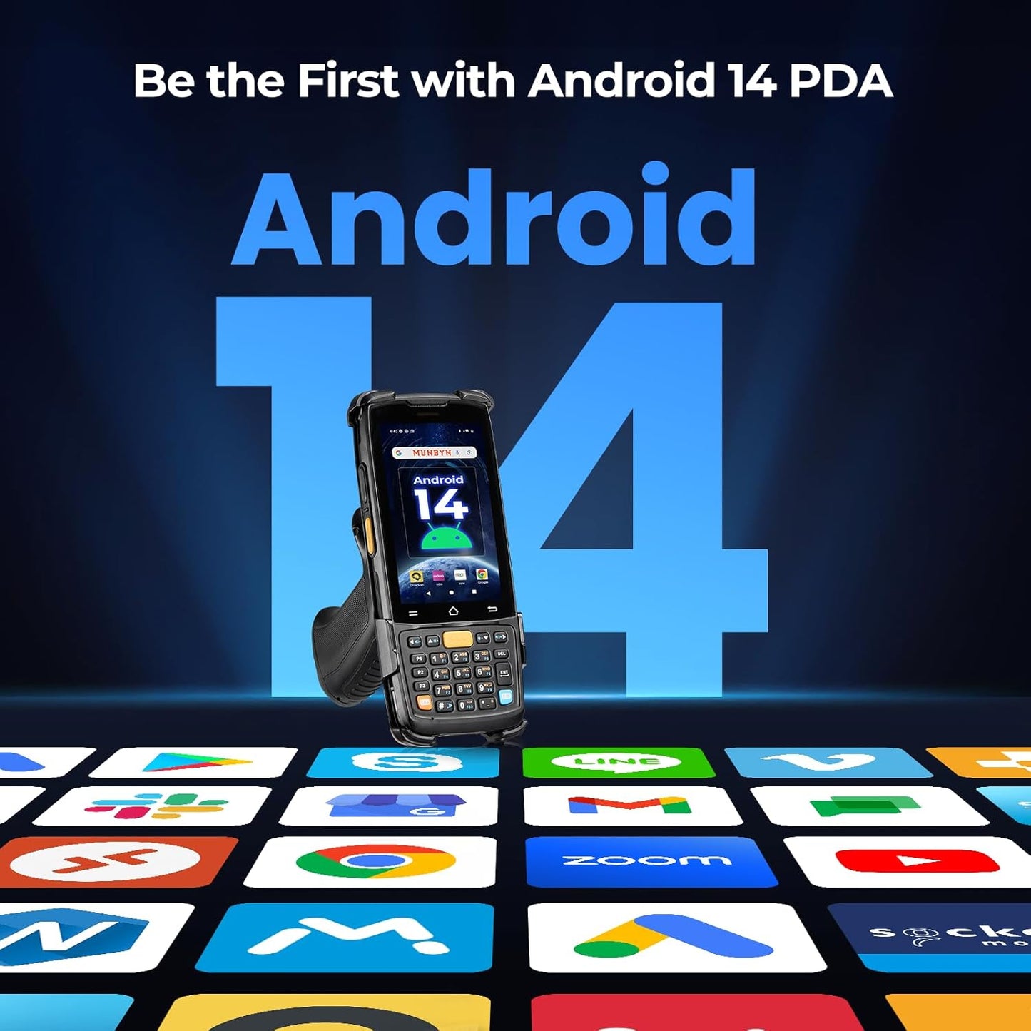 MUNBYN Android 14 Barcode Scanner with Pistol Grip,Equipped with Honeywell HS7 QR Scanner, 4GB+64GB Handheld PDA, 4-inch Touchscreen, IP65 Rugged, 5000mAh for Inventory Warehouse Logistics MC005P