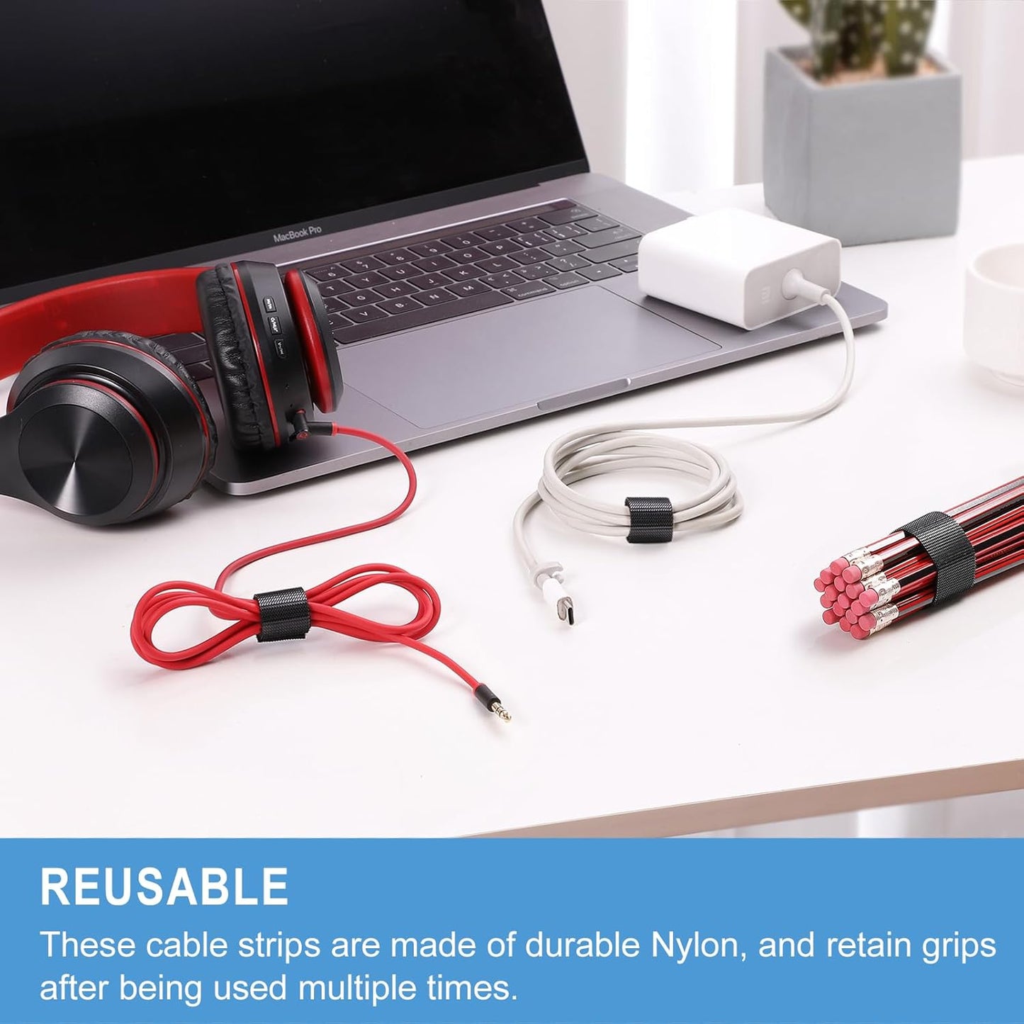 200 PCS 8 Inches Reusable Cable Ties | Adjustable Cord Wraps, Cable Straps | Hook & Loop Cord Organizer, Cable Management