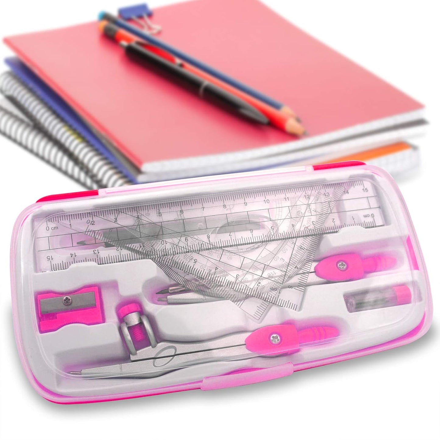 Maths Compasses Full Starter Geometry Kit with 2 Drafting Compasses Protractor 2 Set Squares Ruler Pencil and More for Students Maths Study Homework etc. Pink