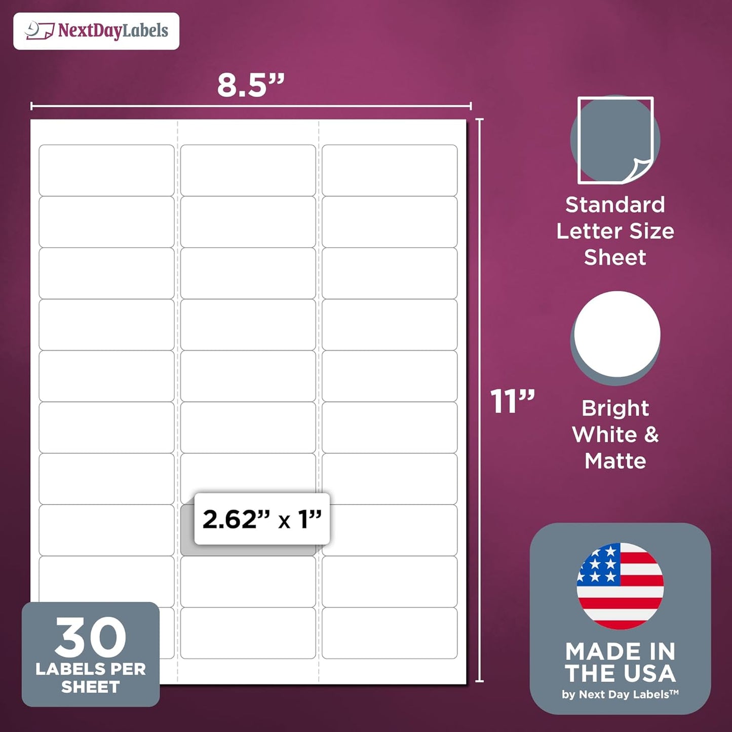 NextDayLabels - 2.5/8" x 1" Rectangular Sticker Labels for Printer - White Laser/Inkjet Printer Labels Return Address Labels Shipping Label Stickers (500 Sheets, 30 Per Sheet, 15000 Labels)