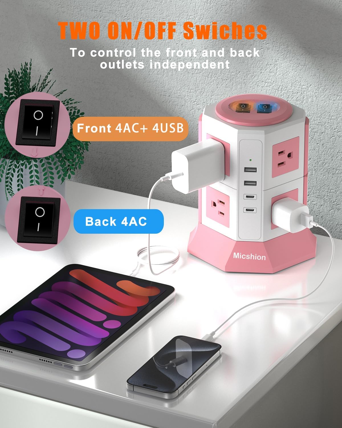 NVEESHOX Surge Protector Power Strip Tower, 10 Feet Ultra Flat Extension Cord with 12 AC Outlets 5 USB Ports(2 Type C), Desktop Charging Station, Flat Plug Outlet Extender for Home Office Dorm