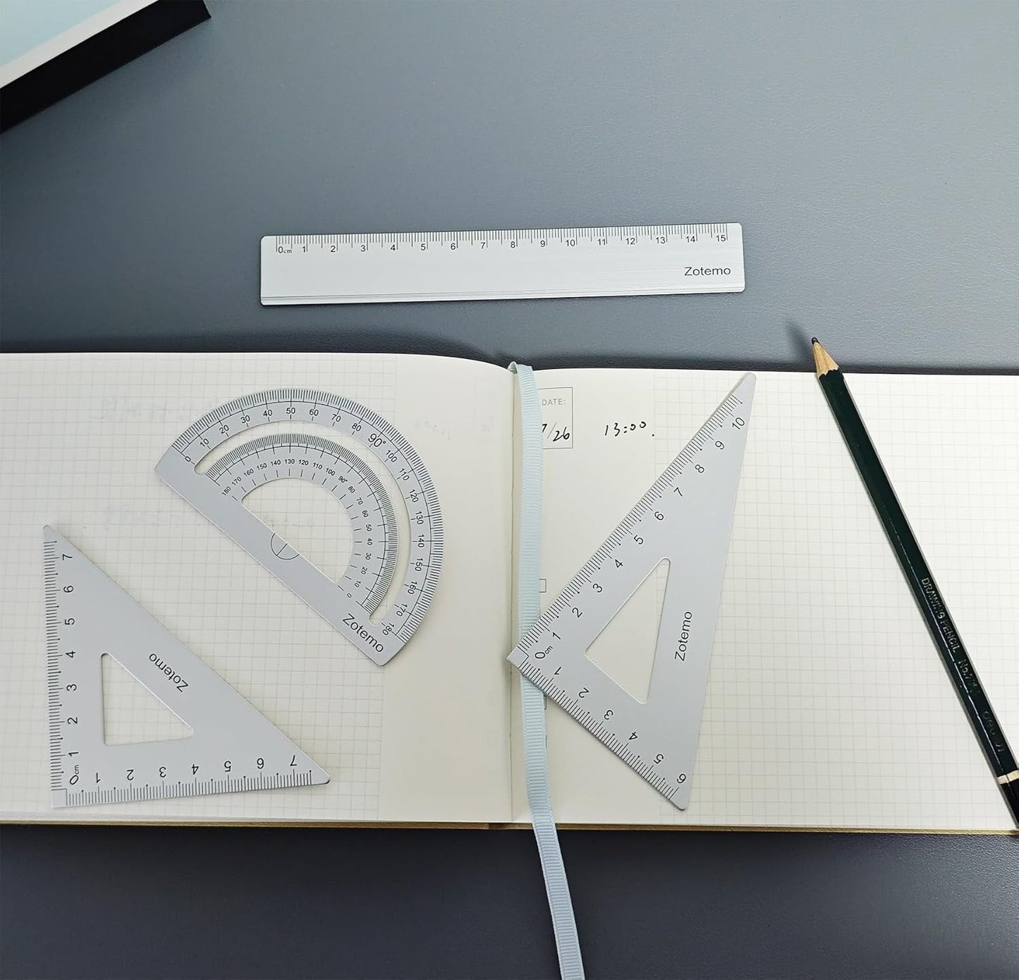 Geometry Ruler Set for Students, Metric Measurement 4-Piece Metal Math Drafting Kit with Non-Slip Design 15 cm Straightedge Ruler, 180° Protractor & 2 Triangles for School Kids (Silver)