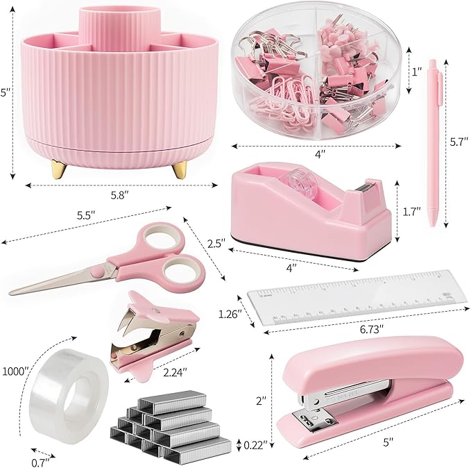 10pcs Office Clerks Staff Desk Accessories, Pink Office Supplies Set for Women, Desk Organizer with Stapler, Staple Remover, Tape Dispenser, Tape, 360° Pen Holder, Scissor, Ruler, Ballpoint Pen, Clips