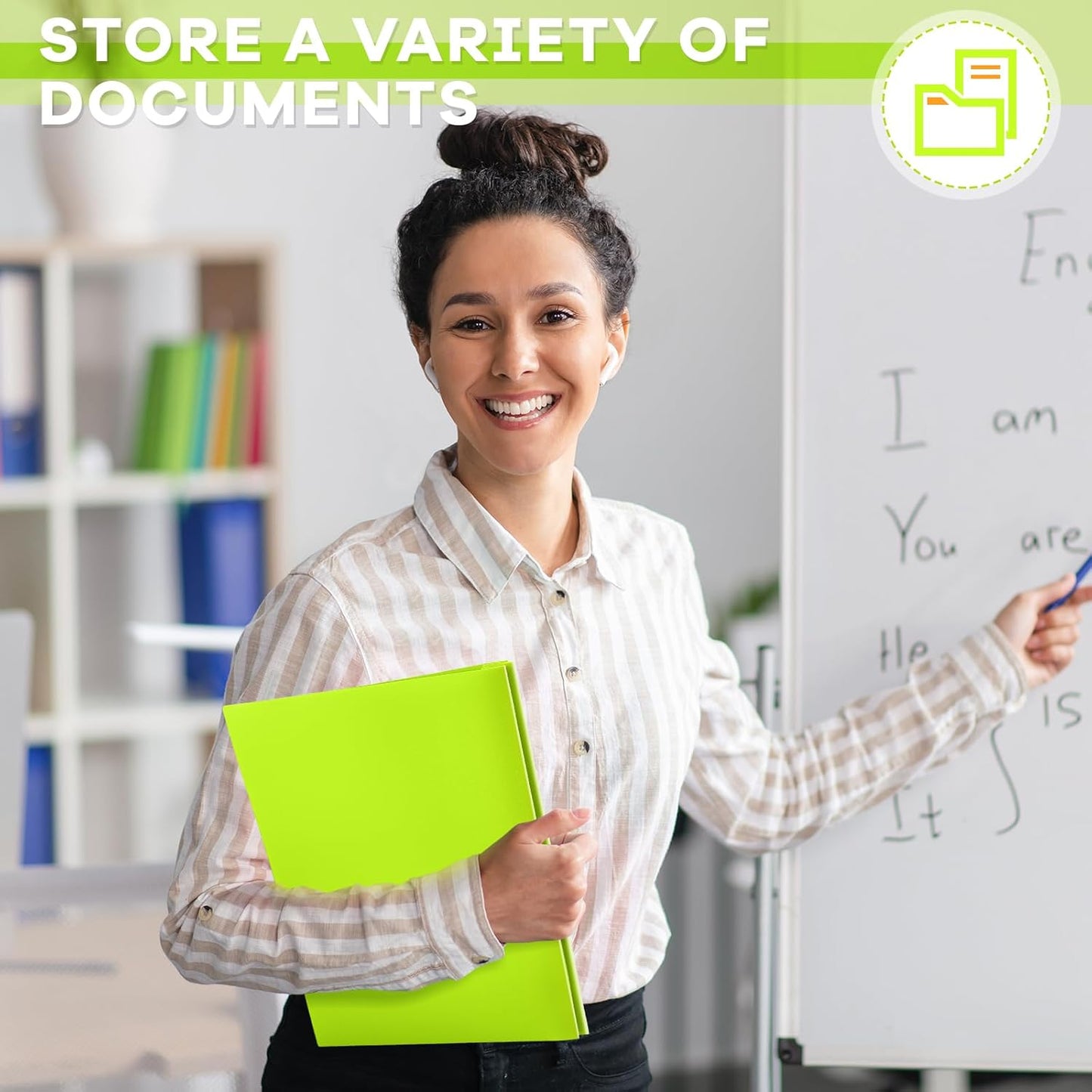 Henoyso 36 Pcs Plastic Folder with Clear Front Pocket and 3 Prong Plastic Folders with Card Slot Pocket Folders with Prongs for School Office (Fluorescent Green)