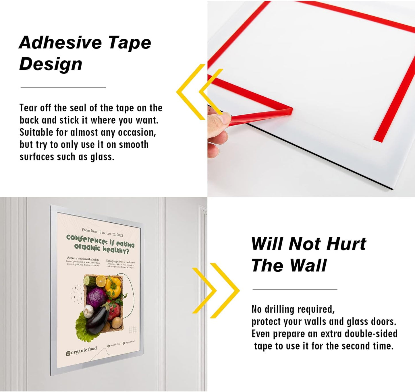 Acrylic Magnetic Sign Holder, Easy-Opening 8.5 x 11 Wall Mount Display Frames, Self Adhesive Back Plastic Clear Document Frame, Horizontal & Vertical Display (Silver, 6Pack)