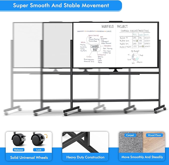 maxtek 72 x 40 Double Sided Rolling Whiteboard, Mobile Whiteboard Magnetic White Board - Large Reversible Dry Erase Board Easel Standing Board on Wheels with Stand (72 x 40 Black)