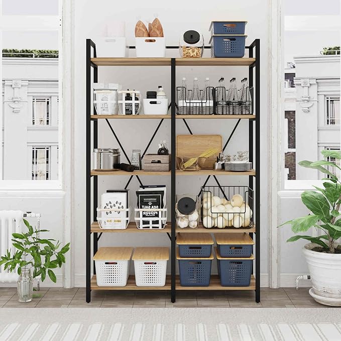 BON AUGURE Industrial Bookshelves and Bookcases, 5 Tier Heavy Duty Etagere Shelving Unit, Farmhouse Rustic Wood Metal Book Shelves for Office, Living Room and Bedroom (Vintage Oak)