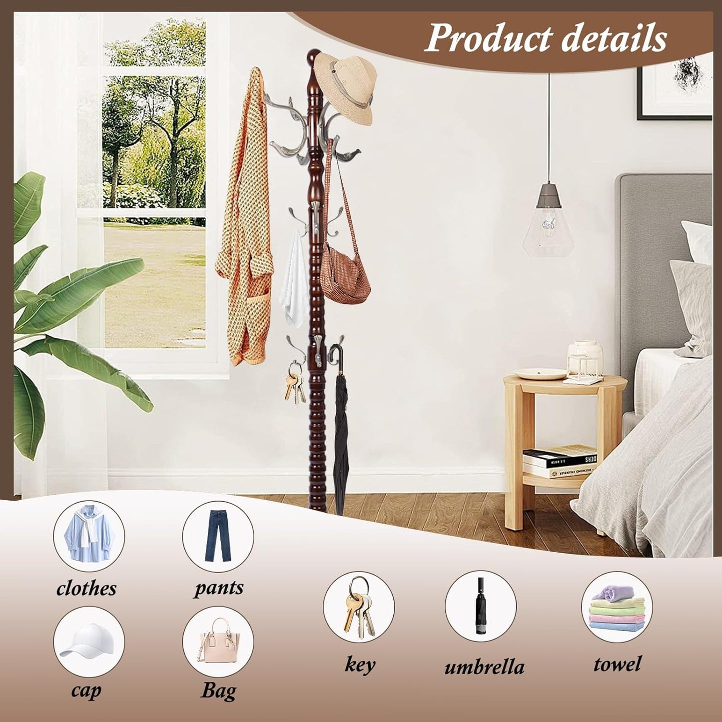 Wooden Coat Rack Freestanding, Vintage Coat Racks with Sturdy Round Base, Adjustable Height 37.40"-72.83" Entrance Coat Rack for Bedroom Living Room Entryway (Nostalgic)
