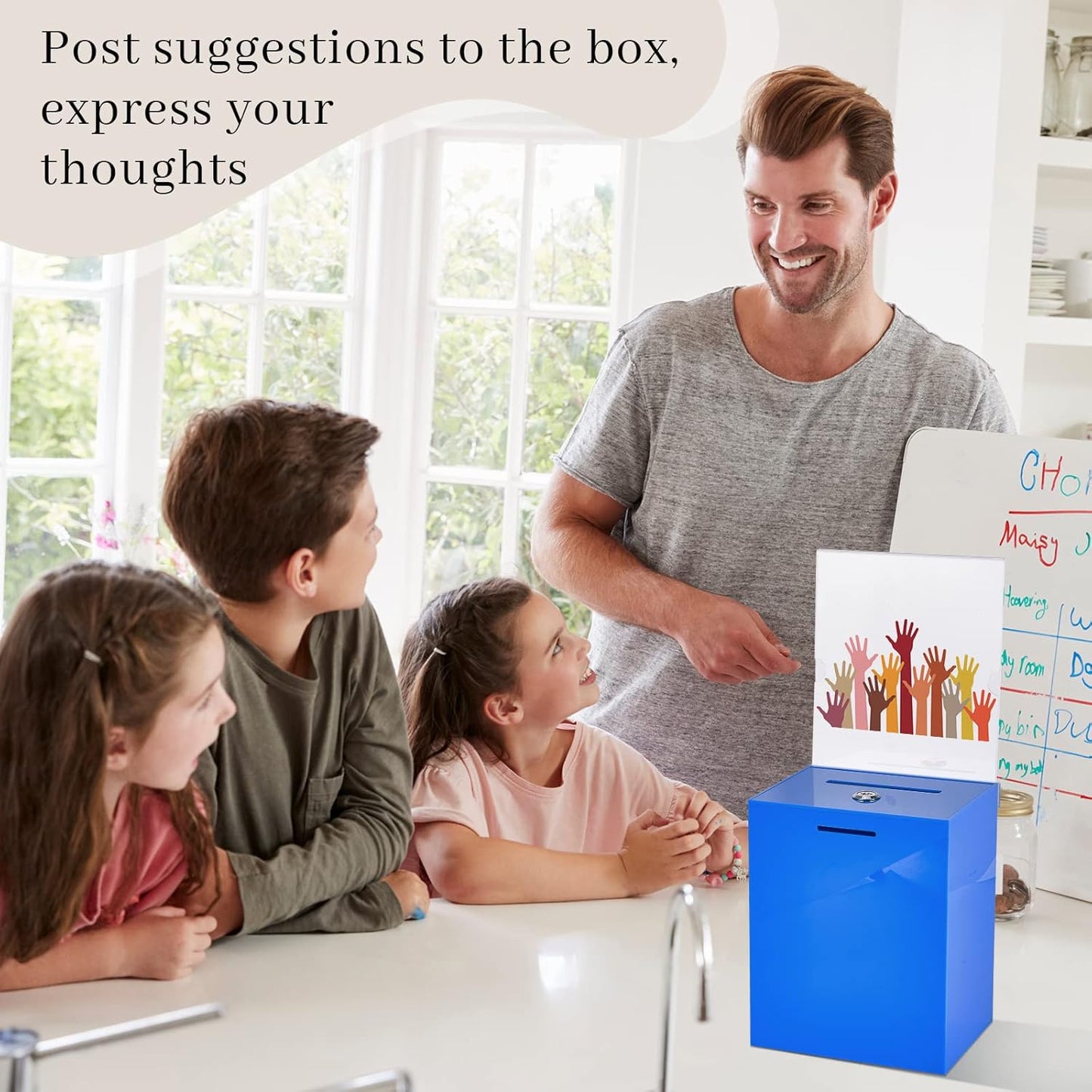 Marsui Acrylic Suggestion Box Large Donation Box 16 x 6.7 x 5 Inch Safe Ballot with Lock and Sign Holder for Voting Charity Business Cards Collection Display Ticket Comment(Blue)