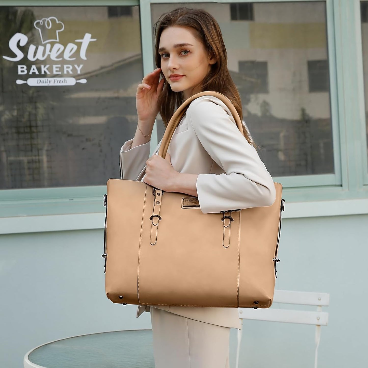 MOSISO PU Leather Laptop Tote Bag for Women, Waterproof Large Capacity Business Work Briefcase Shoulder Laptop Bag