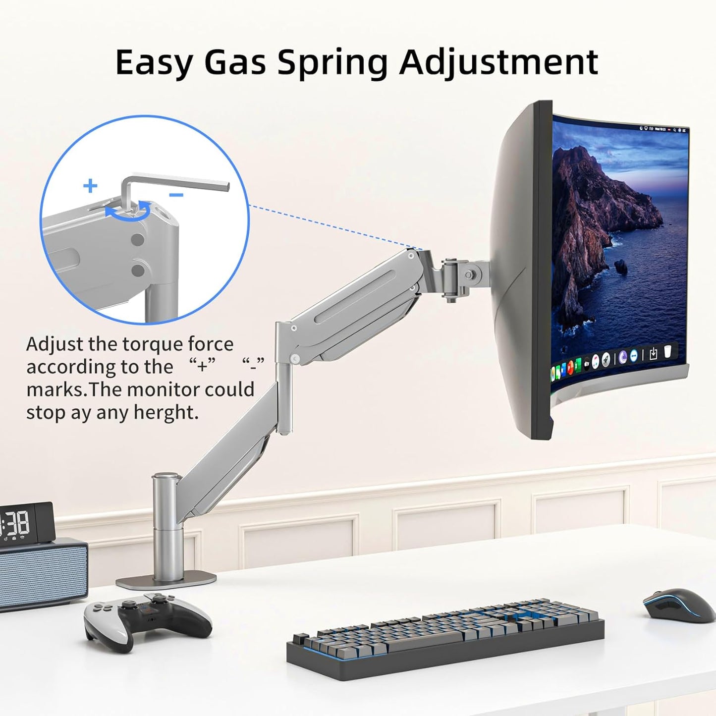 Suptek Ultrawide Monitor Arm Mount for 17 to 43 Inch Heavy Duty Curved Screen,Holds 28.6 lbs,Adjustable Gas Spring Monitor Arm Desk Mount Stand,75/100 Vesa Mount,Silver(MD71MS)