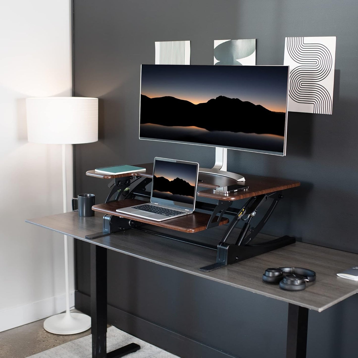 VIVO 36 inch Height Adjustable Stand Up Desk Converter, V Series, Quick Sit to Stand Tabletop Dual Monitor Riser Workstation, Dark Walnut Top, Black Frame, DESK-V000VD