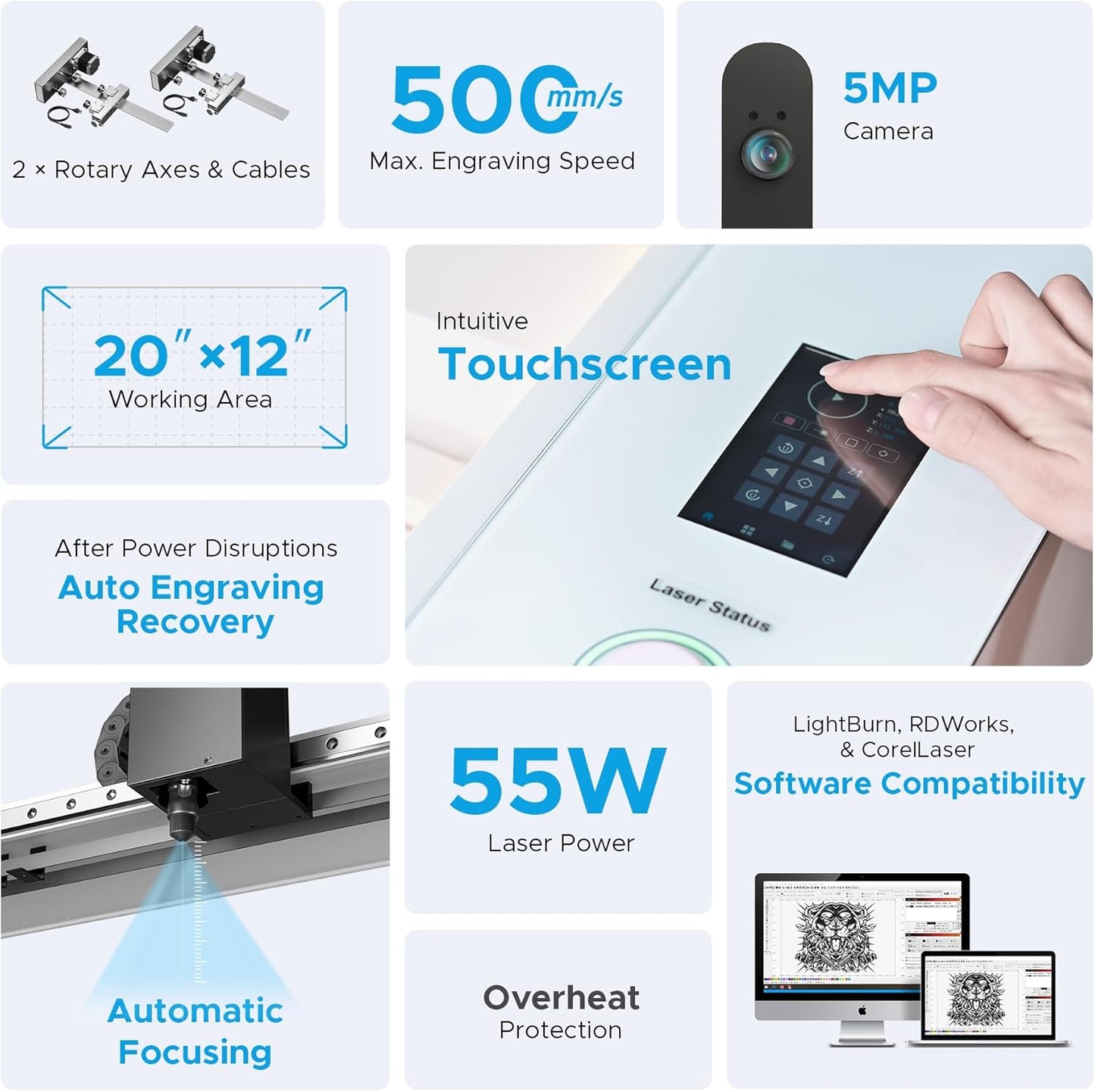 OMTech Polar+ 55W CO2 Laser Engraver Cutter with LightBurn, 20"x12" Work Area, 5MP Camera, Dual Rotary Axes, 500mm/s Speed, with Water Pump, Laser Cutting Machine for Wood Acrylic Glass More