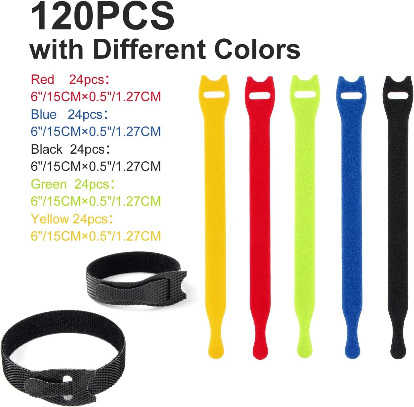 OneLeaf 120PCS Cord Organizer 6in Cable Ties Reusable with Hook and Loop, Colorful Fastening Cord Ties Wire Management for Home, Office, Data Centers, and Electronics, 5 colors