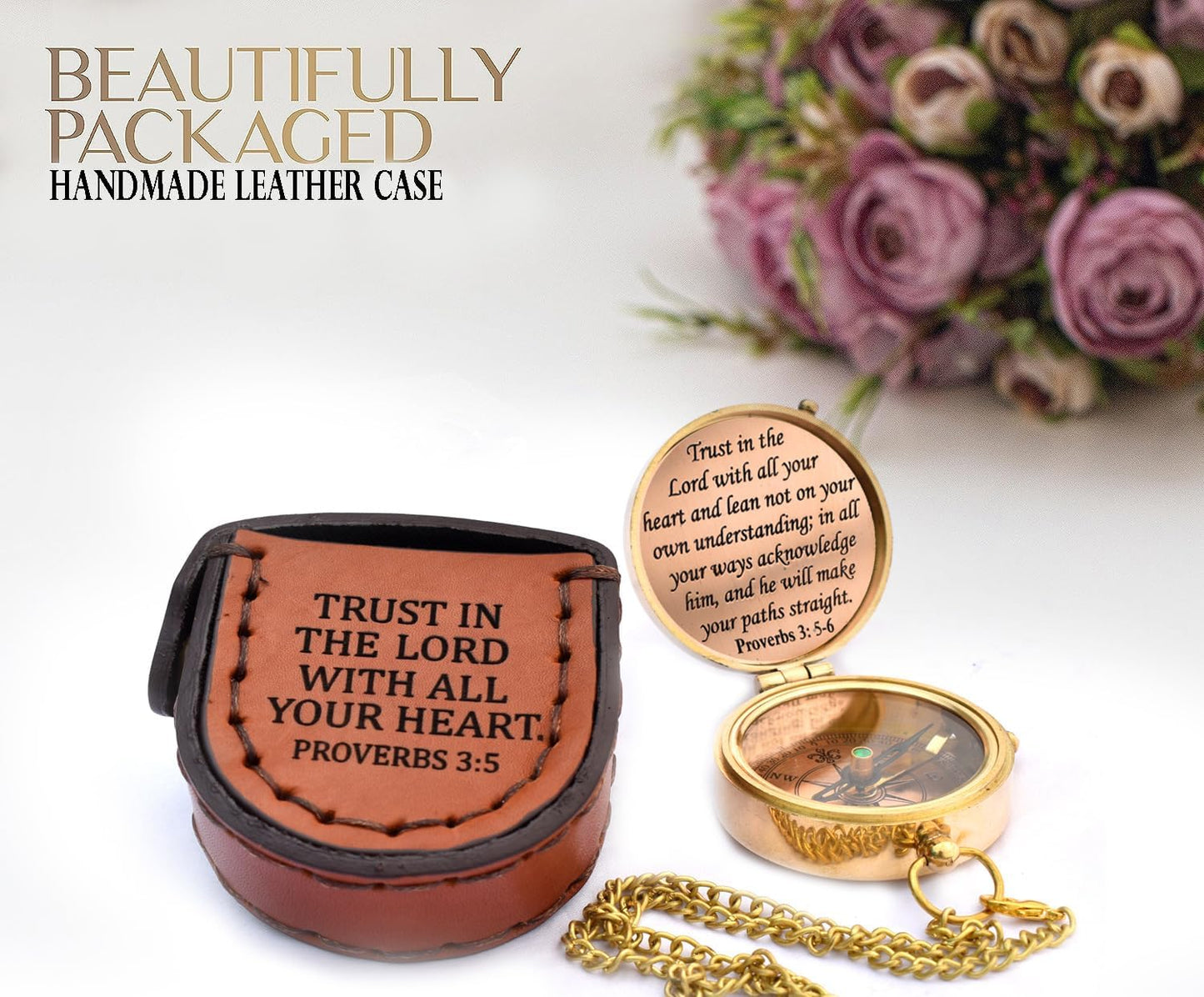 Trust in The Lord With All Your Heart - Proverbs 3:5-6 Quote Engraved Compass With Wooden Box, Greeting Card, Gift Compass, Graduation Day Gifts 2024 for Women Men Boys Girls