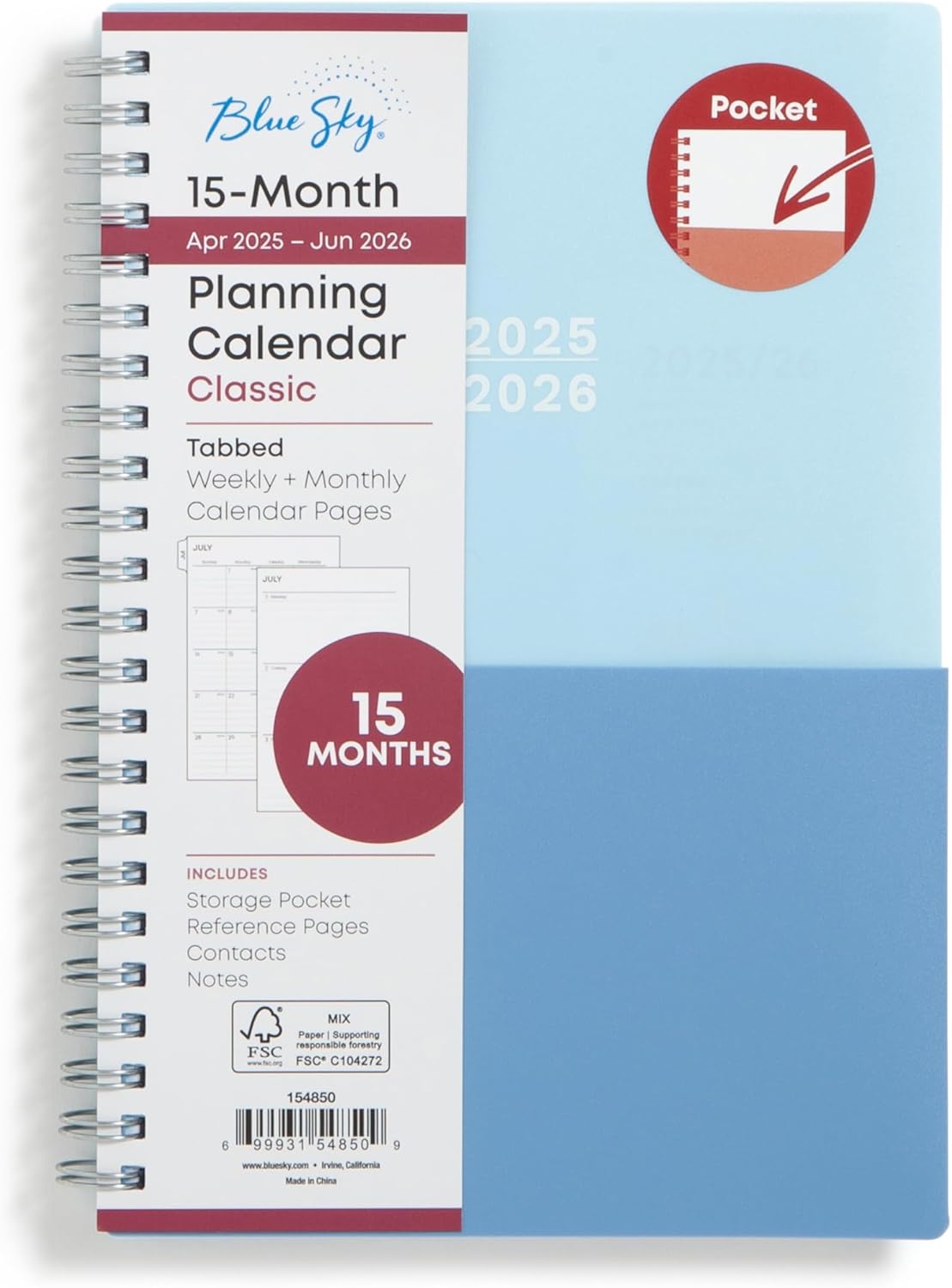 Blue Sky 2025-2026 Academic Year Weekly and Monthly Planner Calendar, April 2025 - June 2026, 15-Month, 5" x 8", Flexible Cover With Pocket, Wirebound, Storage Pocket, Blues