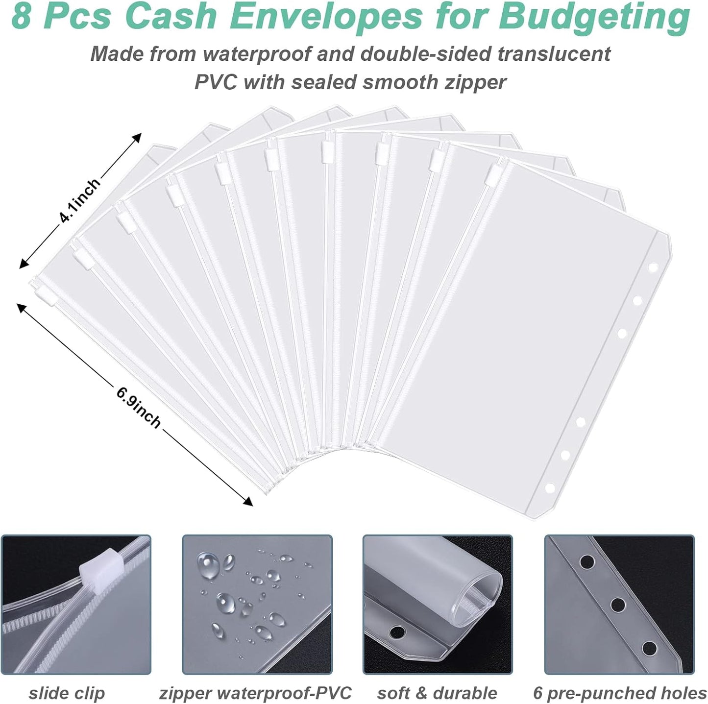 Rnivvi Budget Binder with Zipper Envelopes, A6 Money Saving Binder Cash Envelopes for Budgeting, PU Leather Planner Money Organizer for Cash Stuffing Planning, Cute System Wallet for Women Men, White