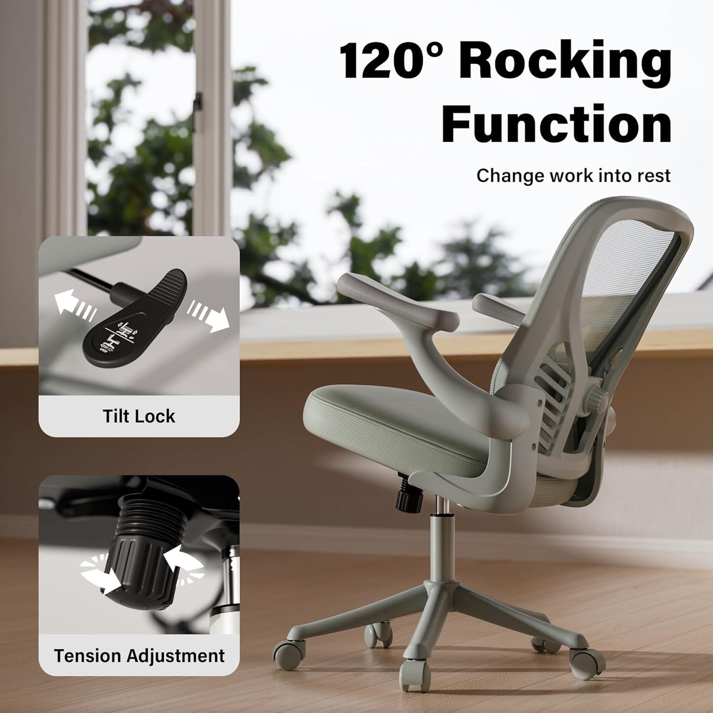 GYI Computer Desk Chair, Ergonomic Office Desk Chairs with Mesh Back, Adjustable Lumbar Support, Height, 3D Flip-up Arms, Wheels, Rocking Function, Grey