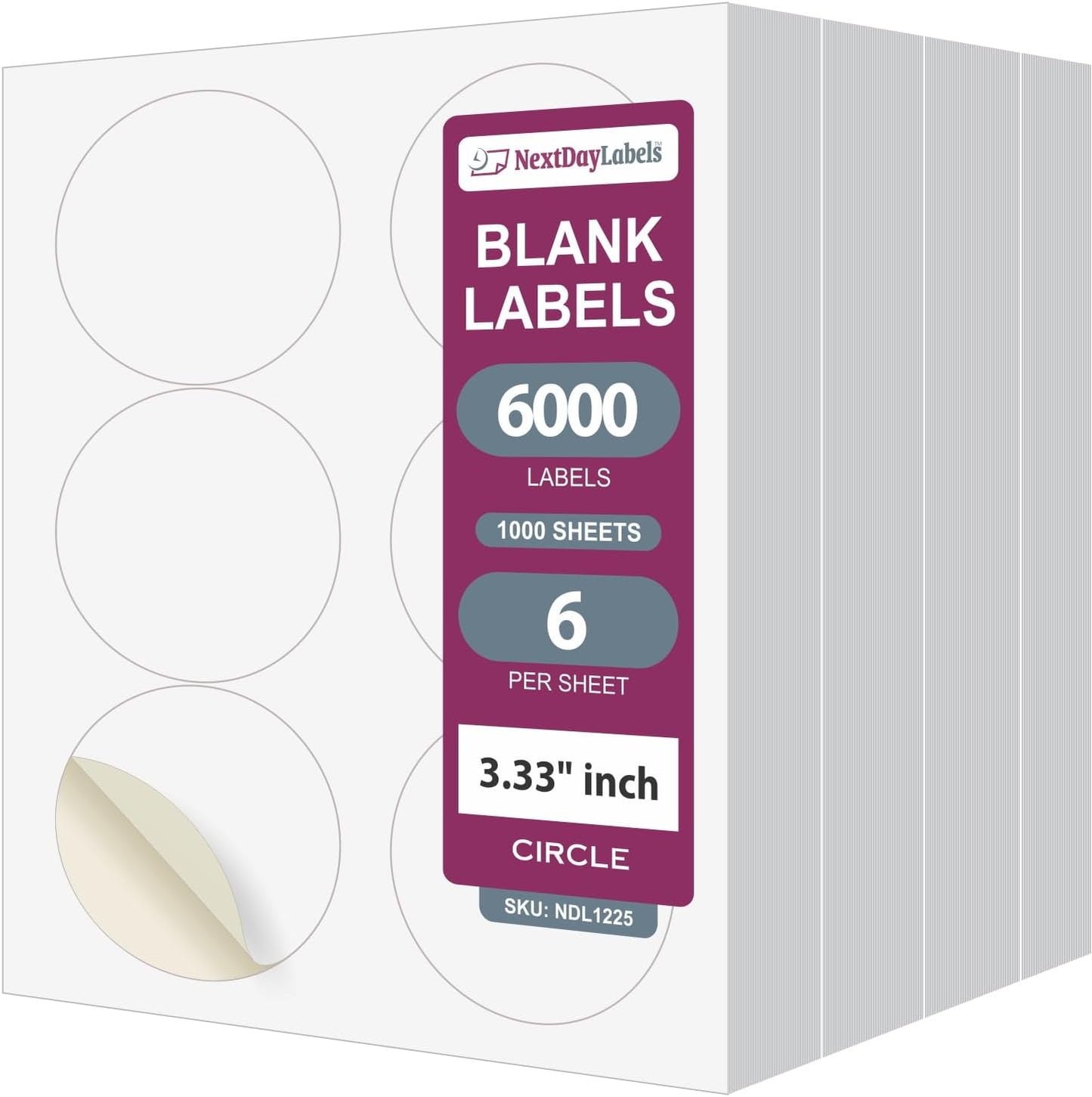 NextDayLabels 3.33 Inch Round Labels - Matte White Blank Circle Stickers - Printable Labels (6000 Sheets)
