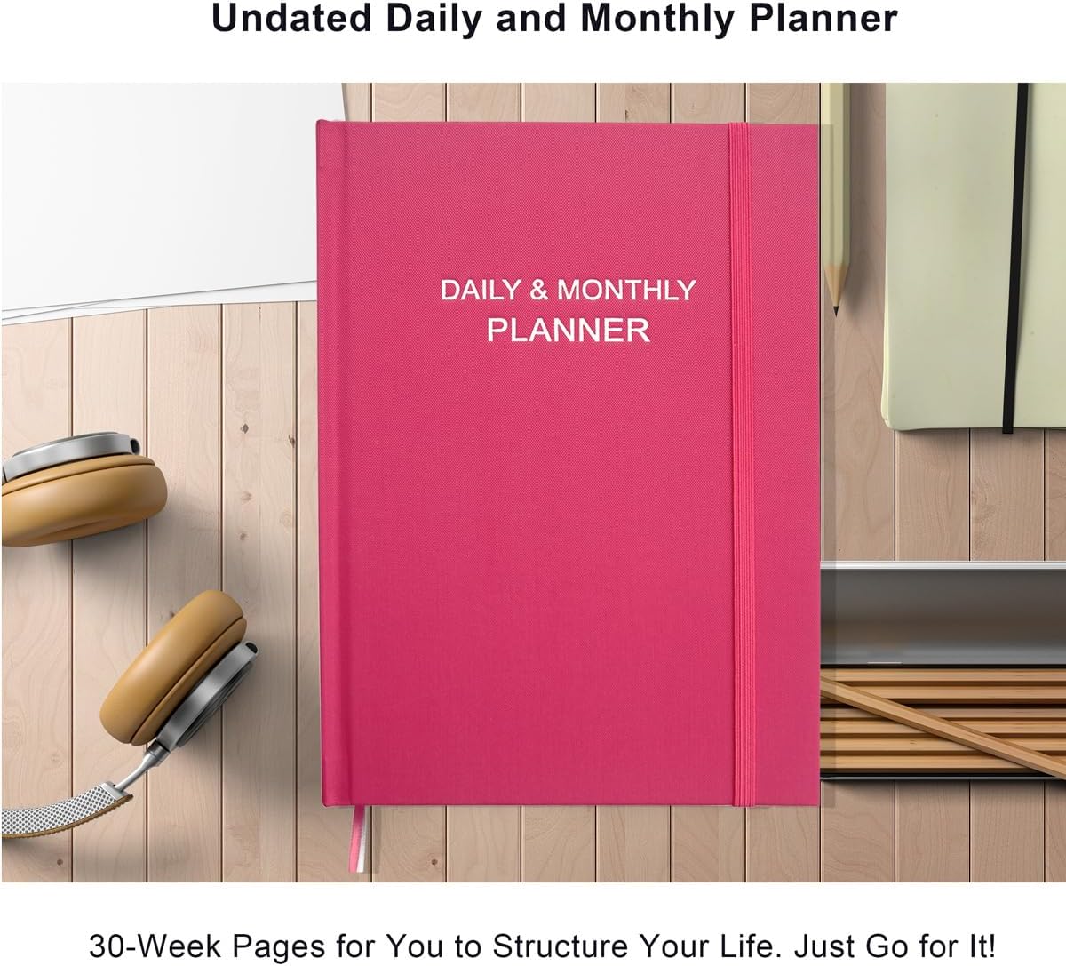 Daily & Monthly Planner for 2025 2026 or Anytime - ADHD Planner Two Pages Per Day, Daily Planner Undated to Increase Focus, Eliminate Overwhelm, Achieve Your Biggest Goals, 8.5'' × 11'', Pink