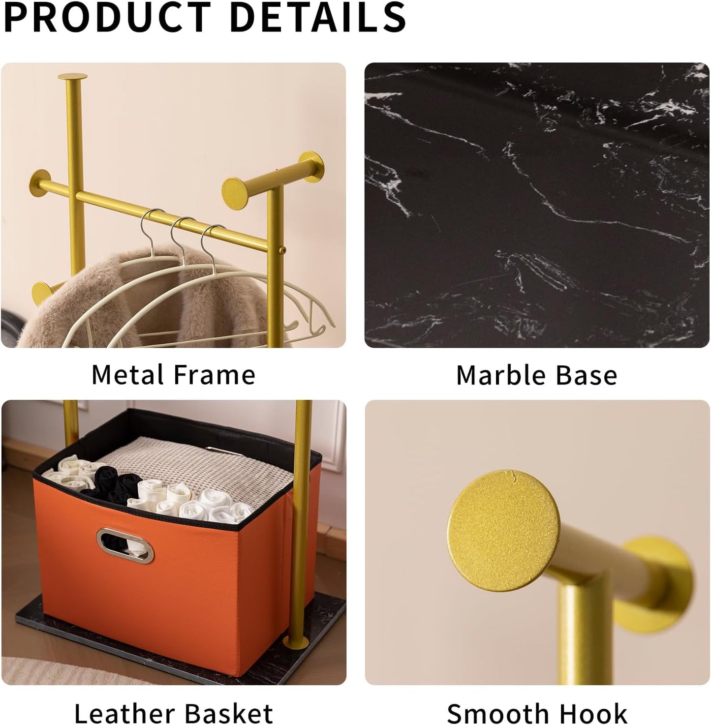 Coat Rack Freestanding with Storage Basket Heavy Duty Clothes Rack Marble Base Modern Coat Stand for Bedroom Living Room Hotel 13.39" D x 19.69" W x 68.9" H (Gold)
