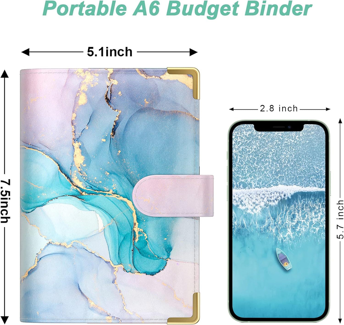 Rnivvi Budget Binder with Zipper Envelopes, A6 Money Saving Binder Cash Envelopes for Budgeting, PU Leather Planner Money Organizer for Cash Bills, Cute Marble System Wallet for Women Men, Blue Ink