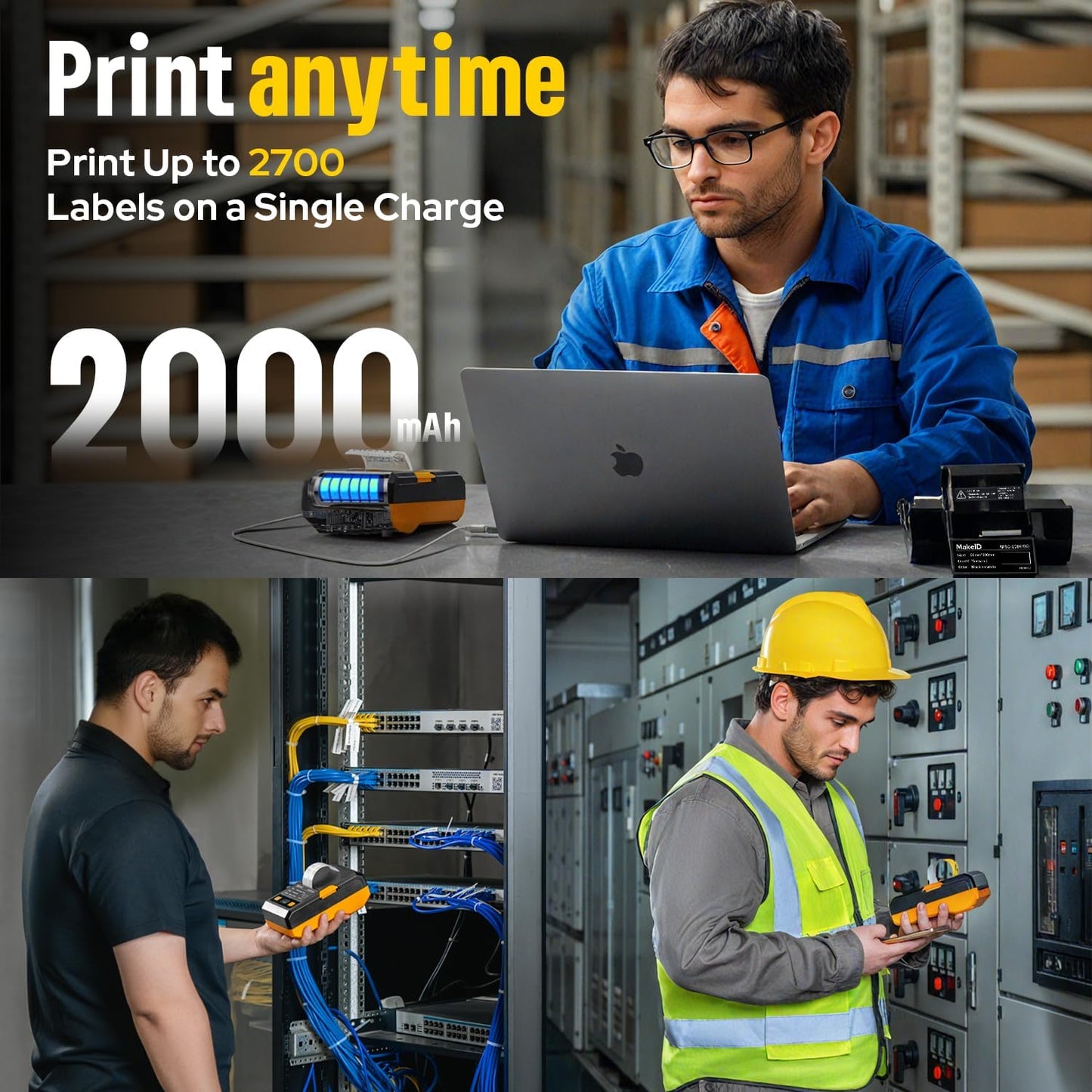 Makeid EP53 Portable Industrial Label Maker, 2" Print Head Bluetooth Label Printer, Mobile APP & PC Editor Compatible, 2000mAh Li-ion Battery, Come with 1" H x 2" W Label for Job Sites