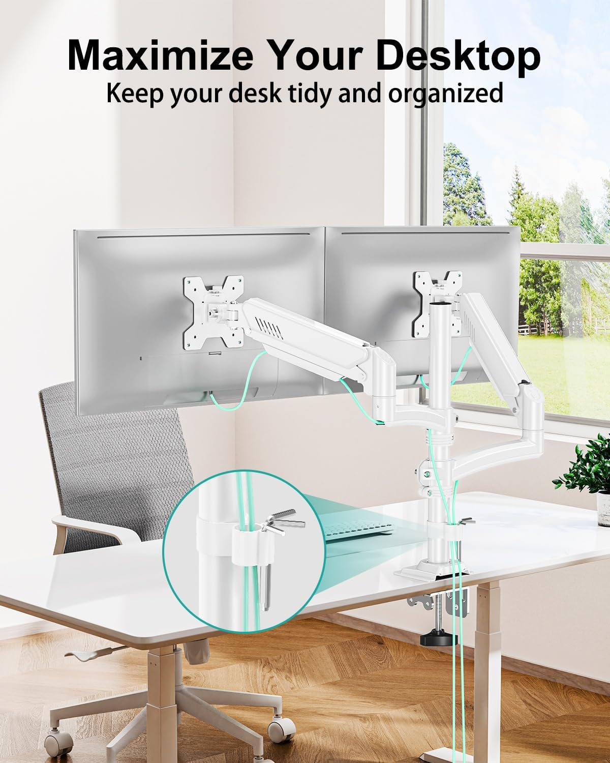 Dual Monitor Stand for Desk, Taller Monitor Arms for 2 Screens up to 32 inch, Ergonomic Adjustable Gas Spring Double Computer Monitor Mount, Holds 4.4-22lbs, VESA 75/100mm, White, Freelift