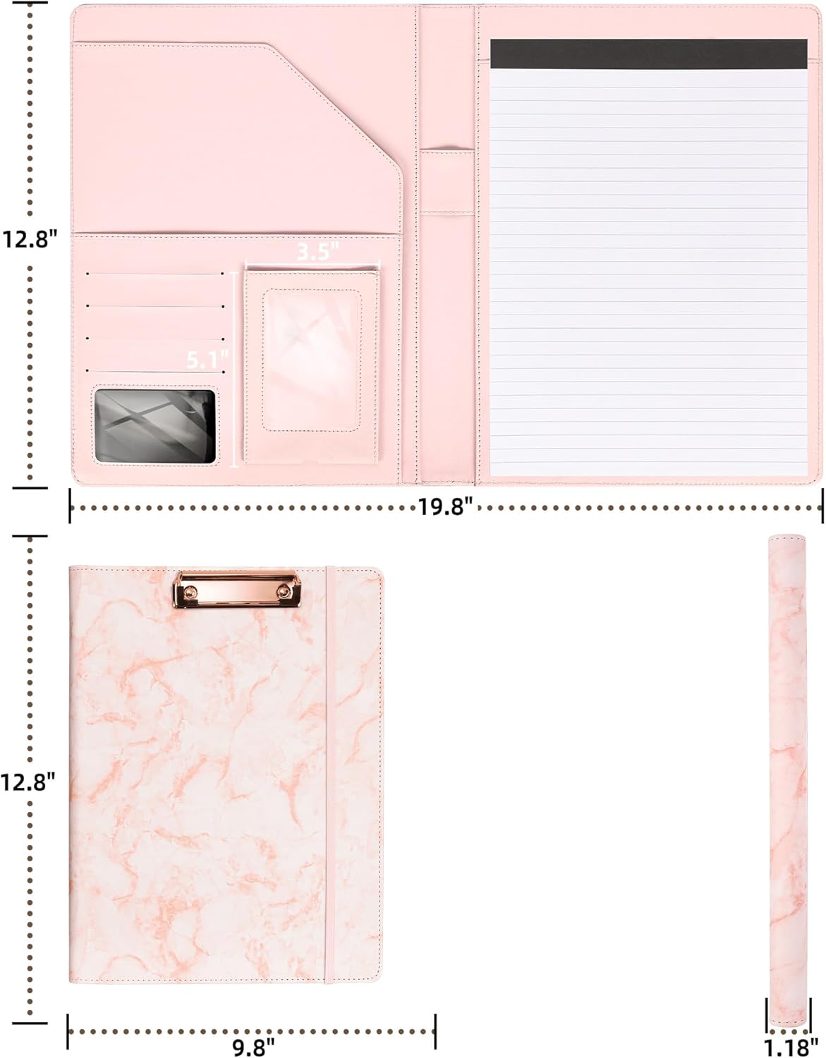 Ospelelf Pink Padfolio for Women Storage Clipboard Folio with Notepad Leather Portfolio Binder for Teacher