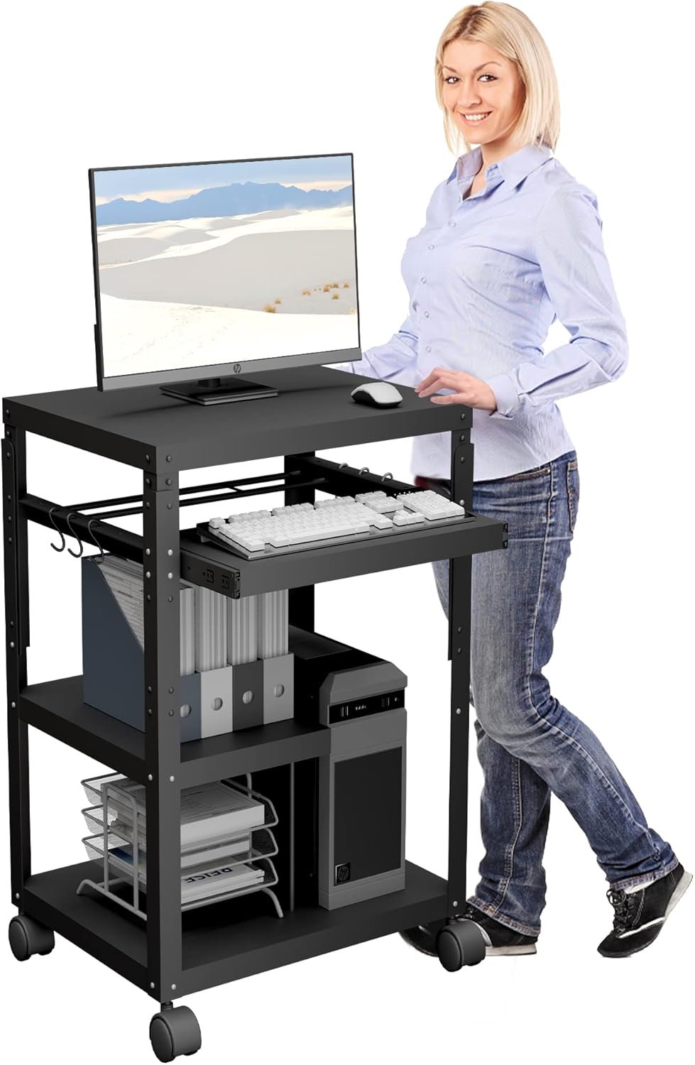 tonchean AV Presentation Cart with Keyboard Tray, Heavy Duty Mobile Workstation Presentation Cart for Video Projector, Laptop Computer, Media Cart for School Classroom Office(Black)
