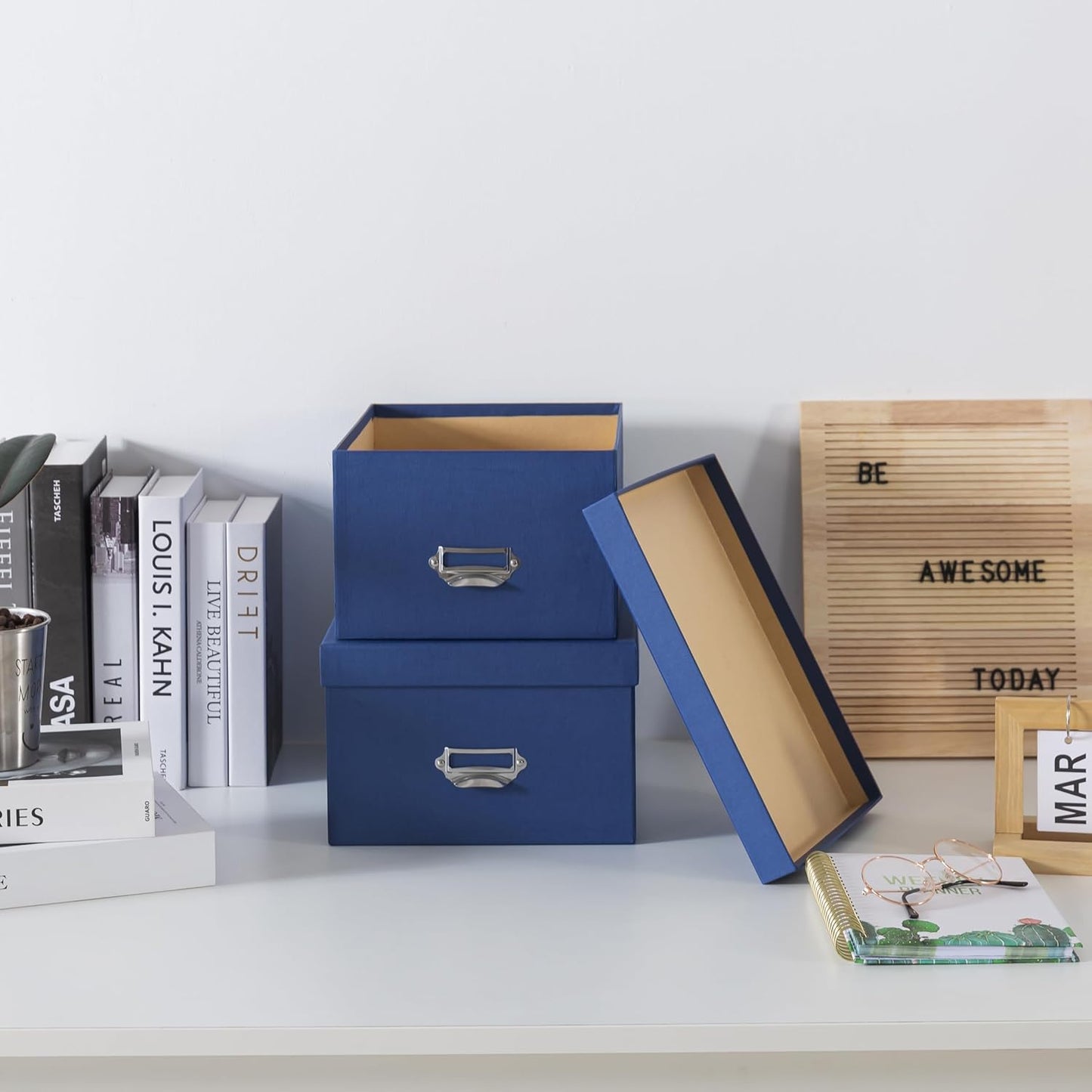 Soul & Lane Blue Decorative Cardboard Storage Boxes with Lids, Set of 2 Stacking Keepsake Photo and Memory Boxes for Home & Office, Elegant Paperboard Organizers with Label Holders and Drawer Pulls