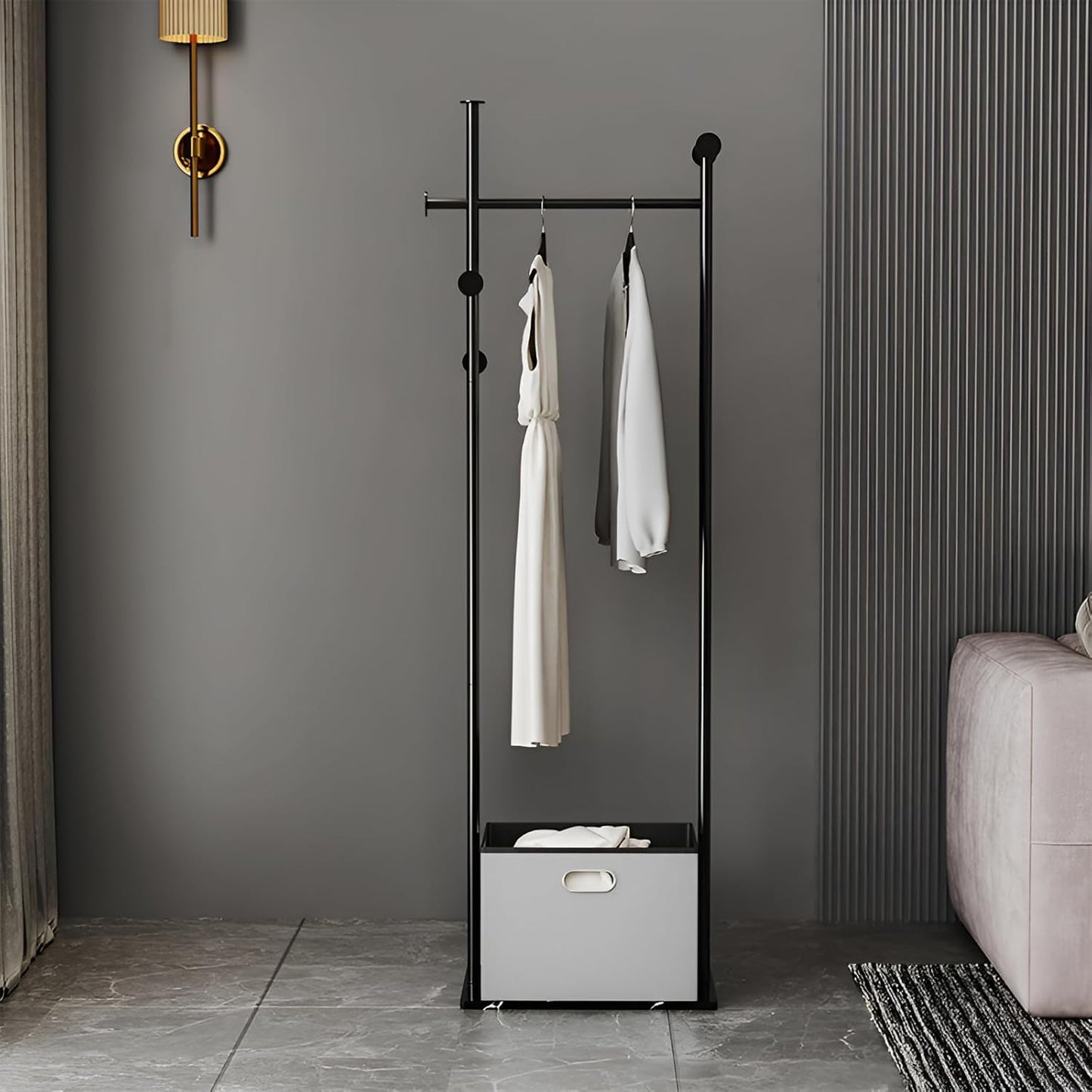 Coat Rack Freestanding with Storage Basket Heavy Duty Clothes Rack Marble Base Modern Coat Stand for Bedroom Living Room Hotel 13.39" D x 19.69" W x 68.9" H (Black)