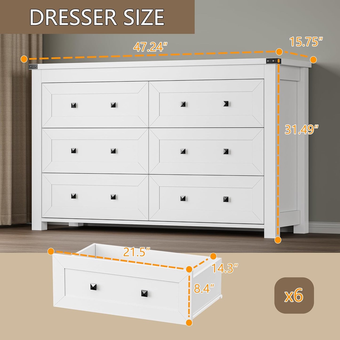 6-Drawer Dresser, Modern Wooden Storage Chest of Drawers, Dresser TV Stand, Wood Drawer Organizer with Metal Handles for Bedroom, Living Room, Hallway