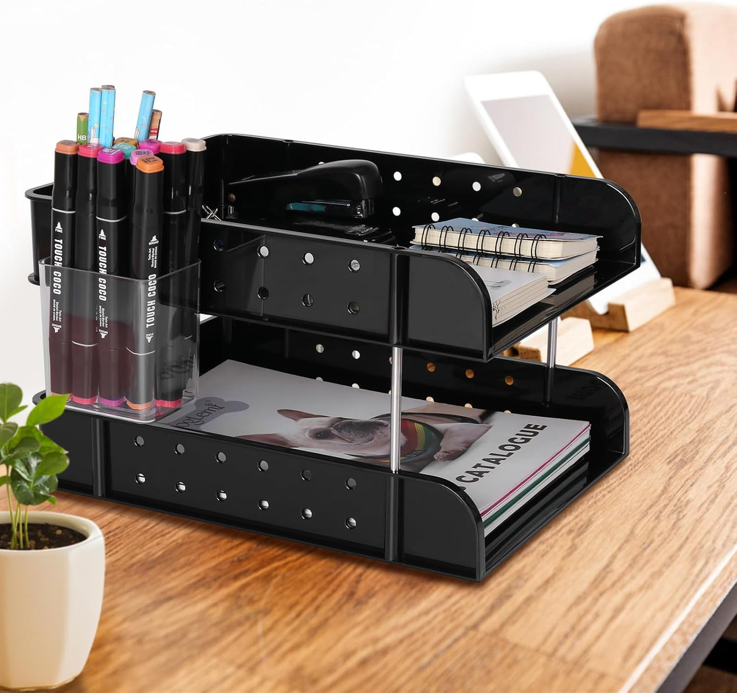 Stackable Letter Tray Papers Organizers, A4 Size Desk Organizer Tray for Letter Paper Stationery Desk Accessories, Plastic Black Paper Holder File Organizer for Office, School, Home (Dark Black)