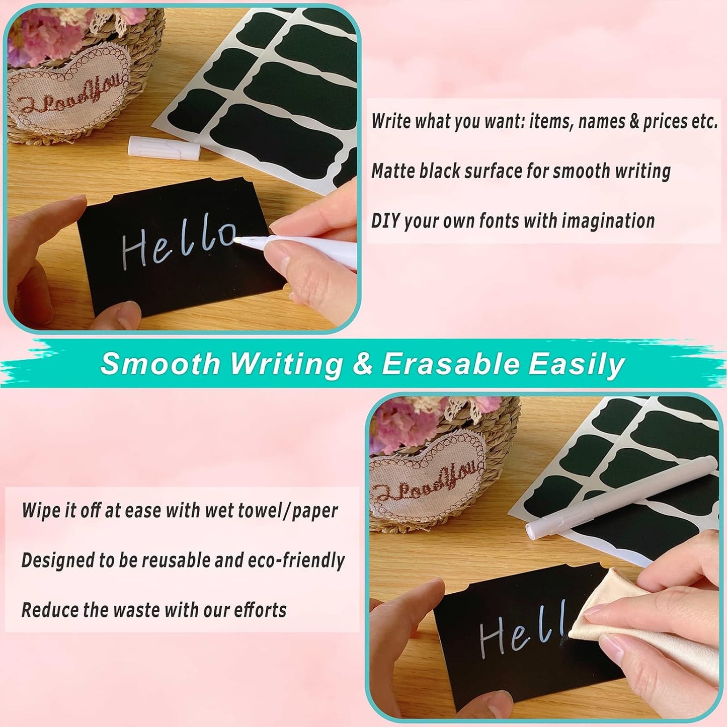 54-Piece Set of Basket Labels Clip On For Storage Bins: 20 Erasable Plastic Kitchen Pantry Labels, 32 Removable PVC Tag Stickers, 2 White Chalk Markers, For Organization Container, Jar, Shelf, Laundry