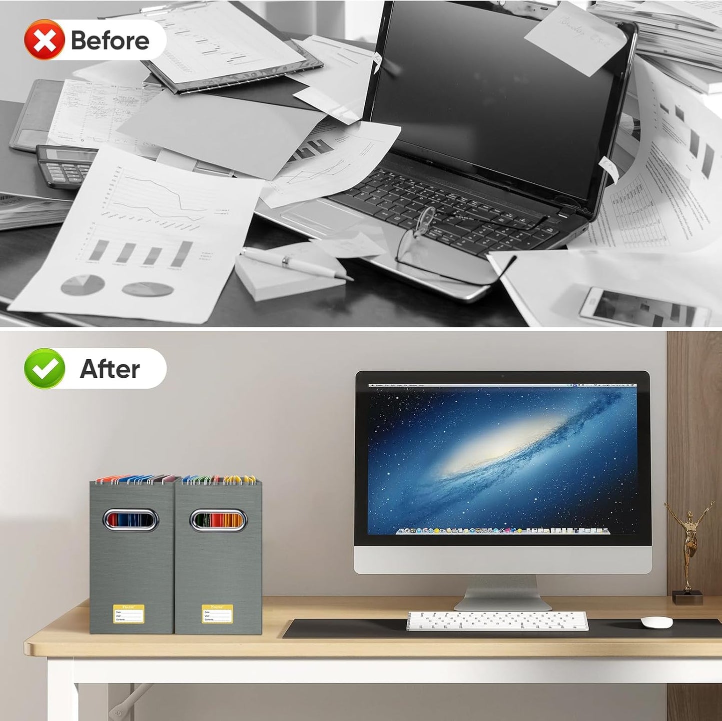 BALEINE File Organizer Box, Cardboard File Folder Organizer with Handle for Letter Size, Portable Collapsible Hanging Filing Box for Home Office Document Storage (2 Pack, Grey)